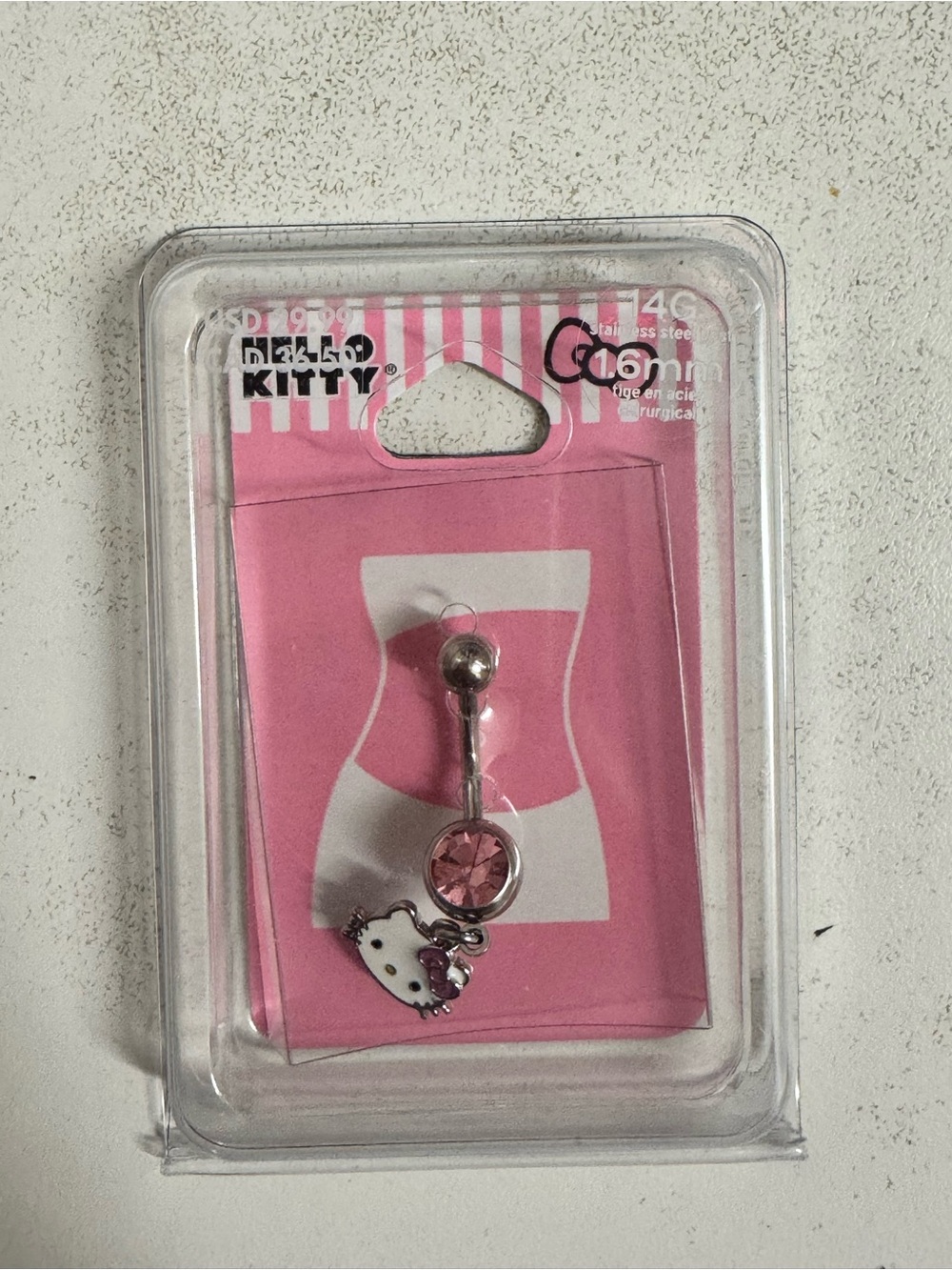 Hello Kitty Silver-Tone Belly Ring with Pink Crystal Accent
